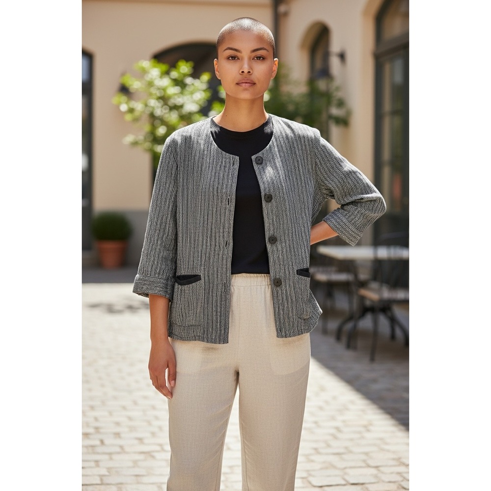 FLAX Linen Jacket Women's Small Black‎ White Pinstripe Button Front Lagenlook
